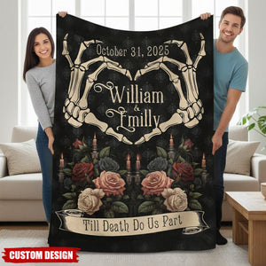 Custom Gothic "Till Death Do Us Part" Skeleton Heart Blanket – Personalized Couple Gift