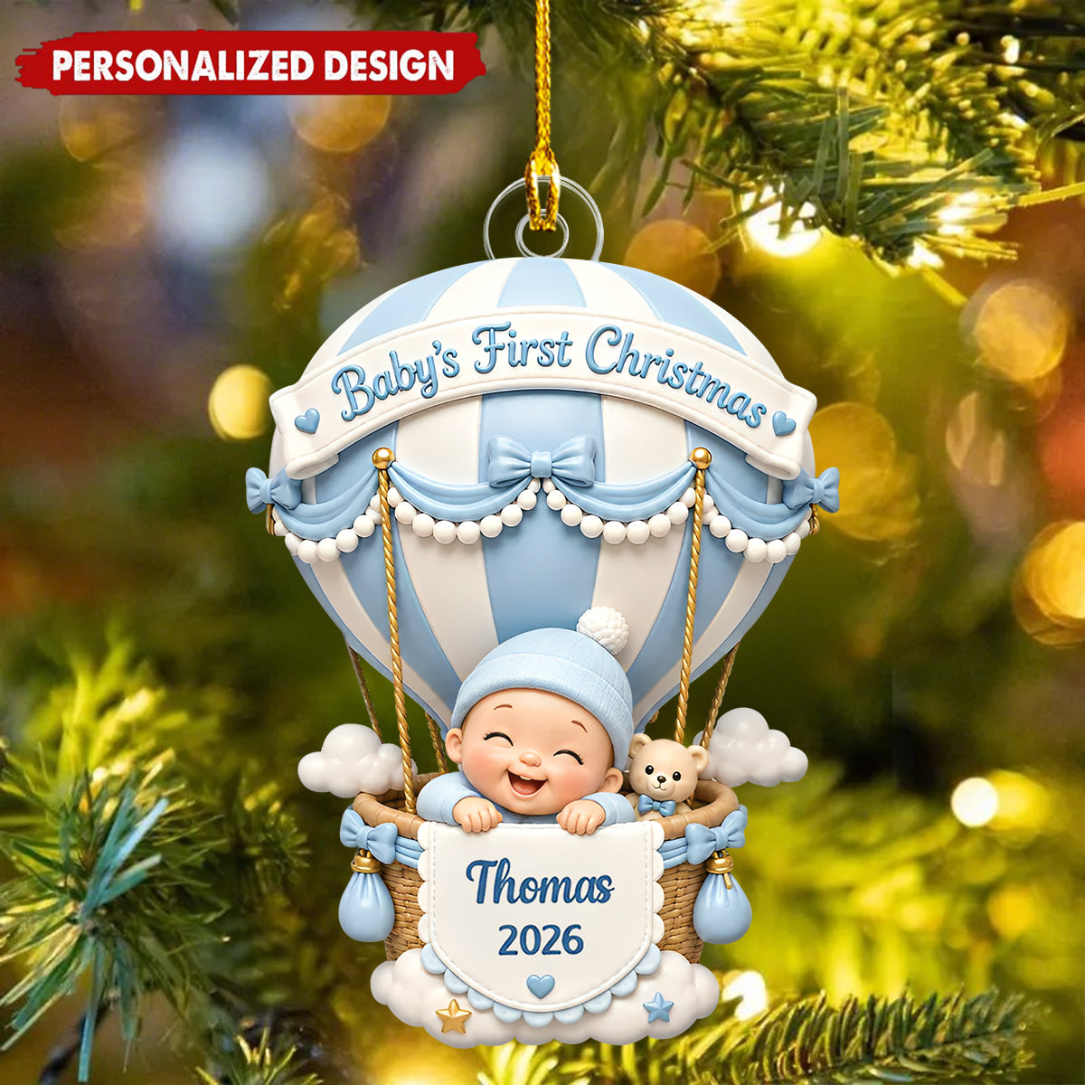 Personalized Baby’s First Christmas Hot Air Balloon Acrylic Ornament- Custom Baby Name & Year