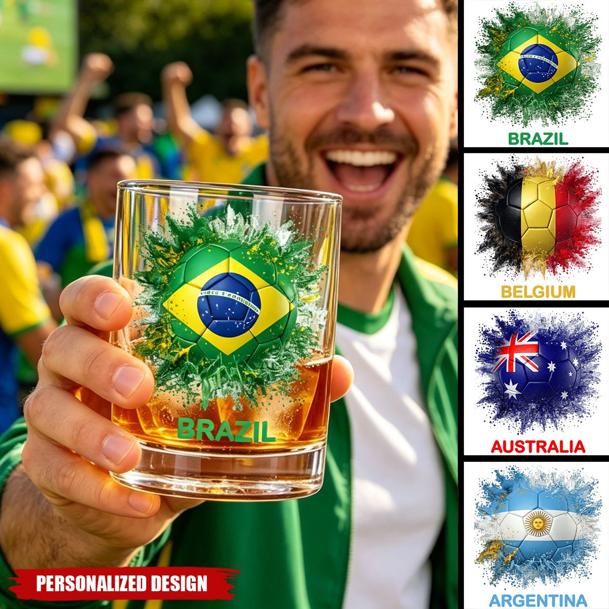 Personalized Country Flag Soccer Whiskey Glass - Custom Name