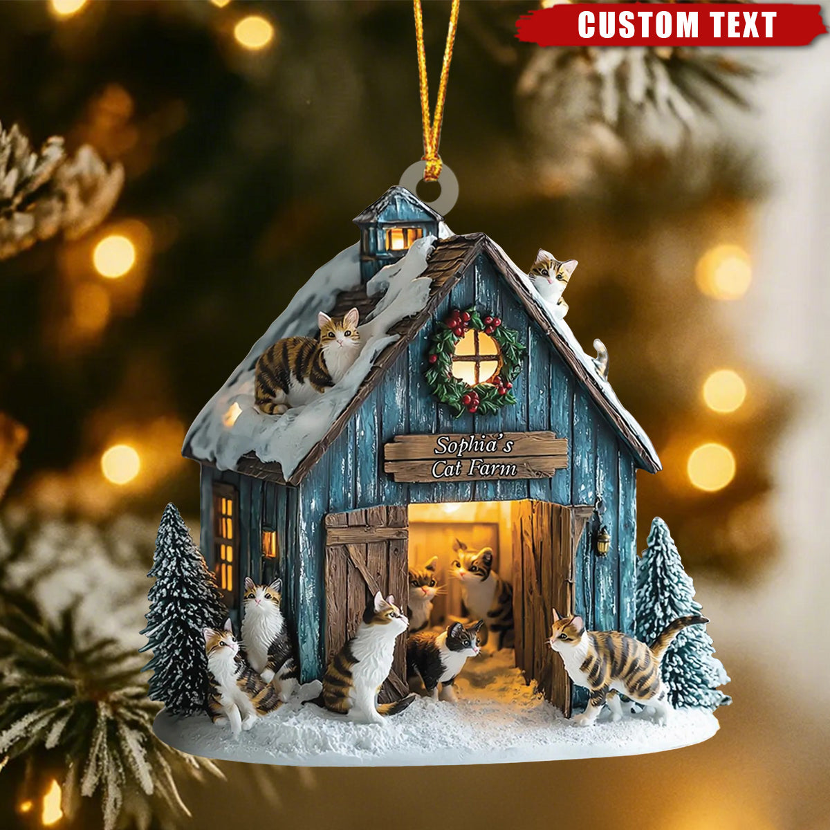 Personalized Cat Barn Christmas Ornament – Custom Text Gift for Cat Lovers