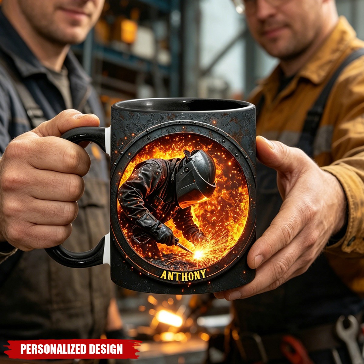 Personalized Welder Coffee Mug - Custom Name Fiery Welding Mug