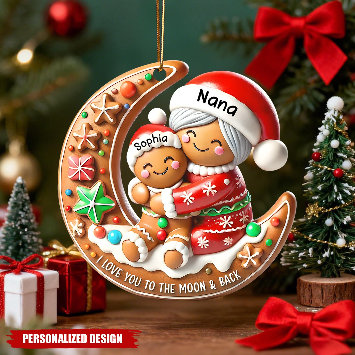 Personalized Gingerbread Moon Grandma and  Grandchild Christmas Acrylic Ornament