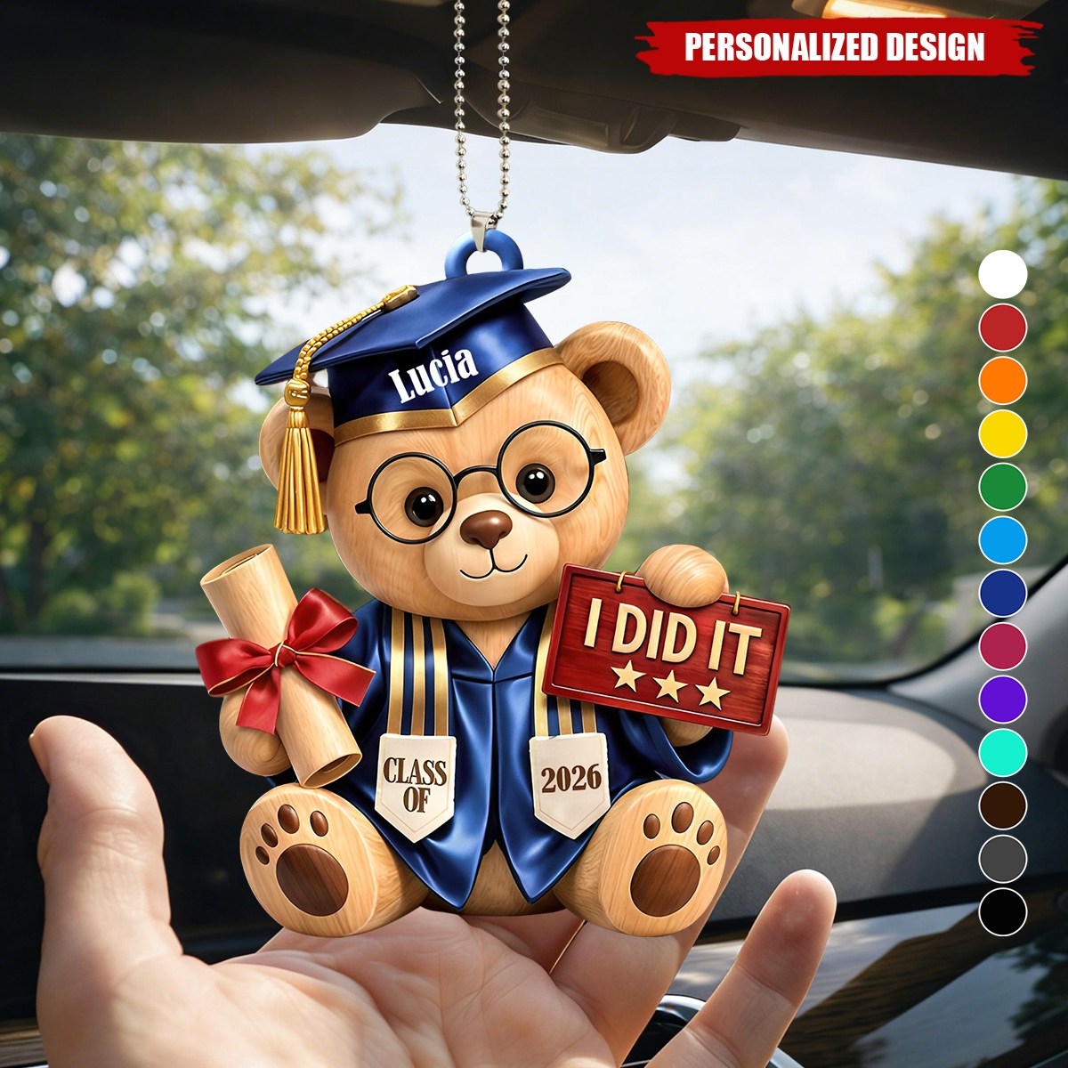 Personalized Graduation Bear Car Hanging Ornament – Custom Name "I Did It" Graduation Gift