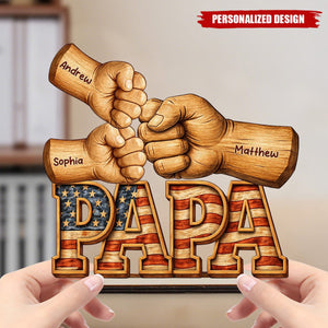 Personalized Patriotic Dad Wooden Plaque - Custom Kid Names Fist Bump Decor