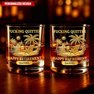 Personalized Name "Happy Retirement" Whiskey Glass - Gold Beach Scene
