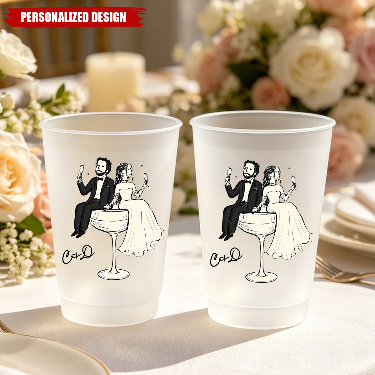 Personalized Wedding Couple Frosted Cups - Custom Couple Design and Name
