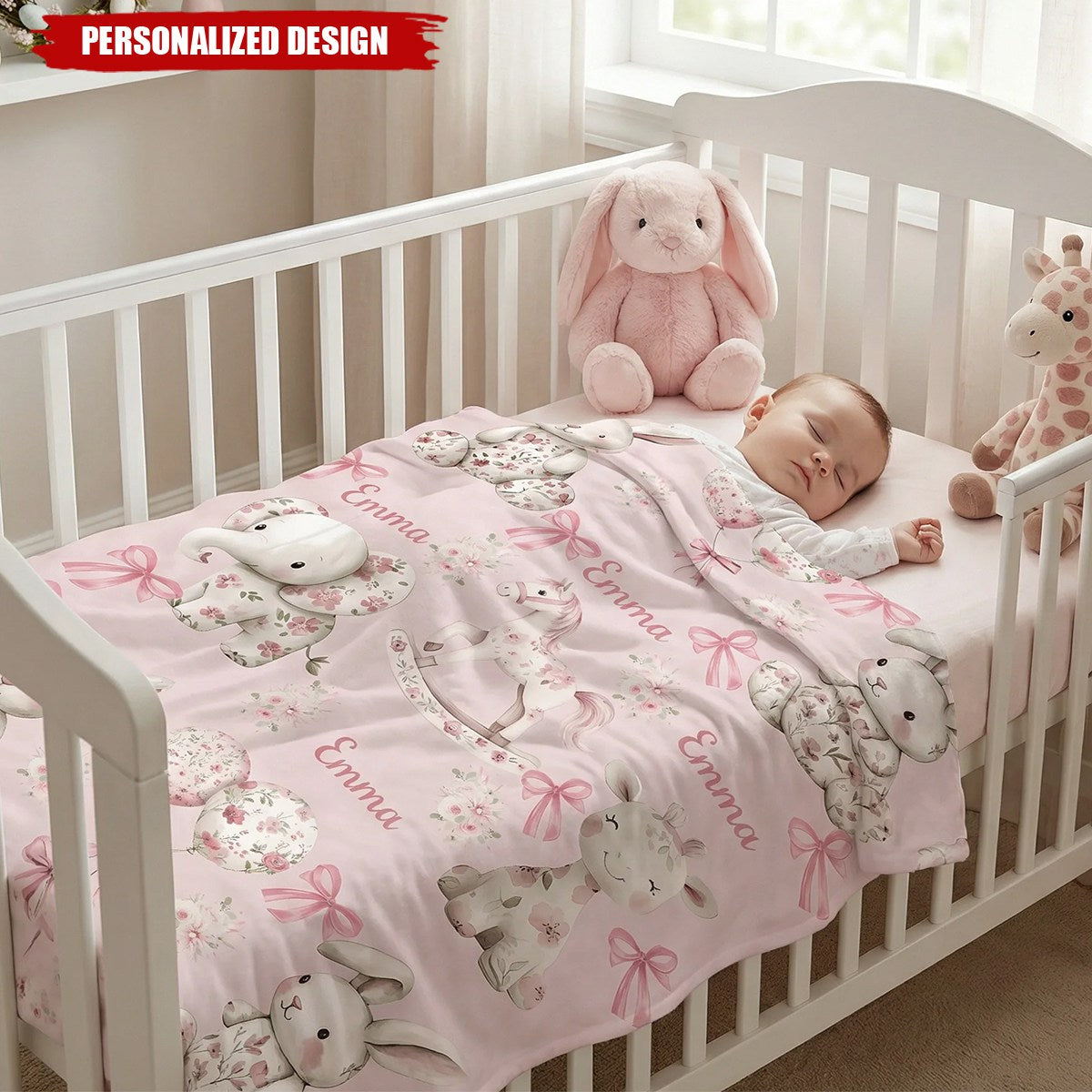 Personalized Pink Floral Baby Blanket - Custom Name Cute Animal Print for Girls