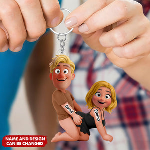 Naughty Personalized Cartoon Couple Keychain – Custom Names & Design