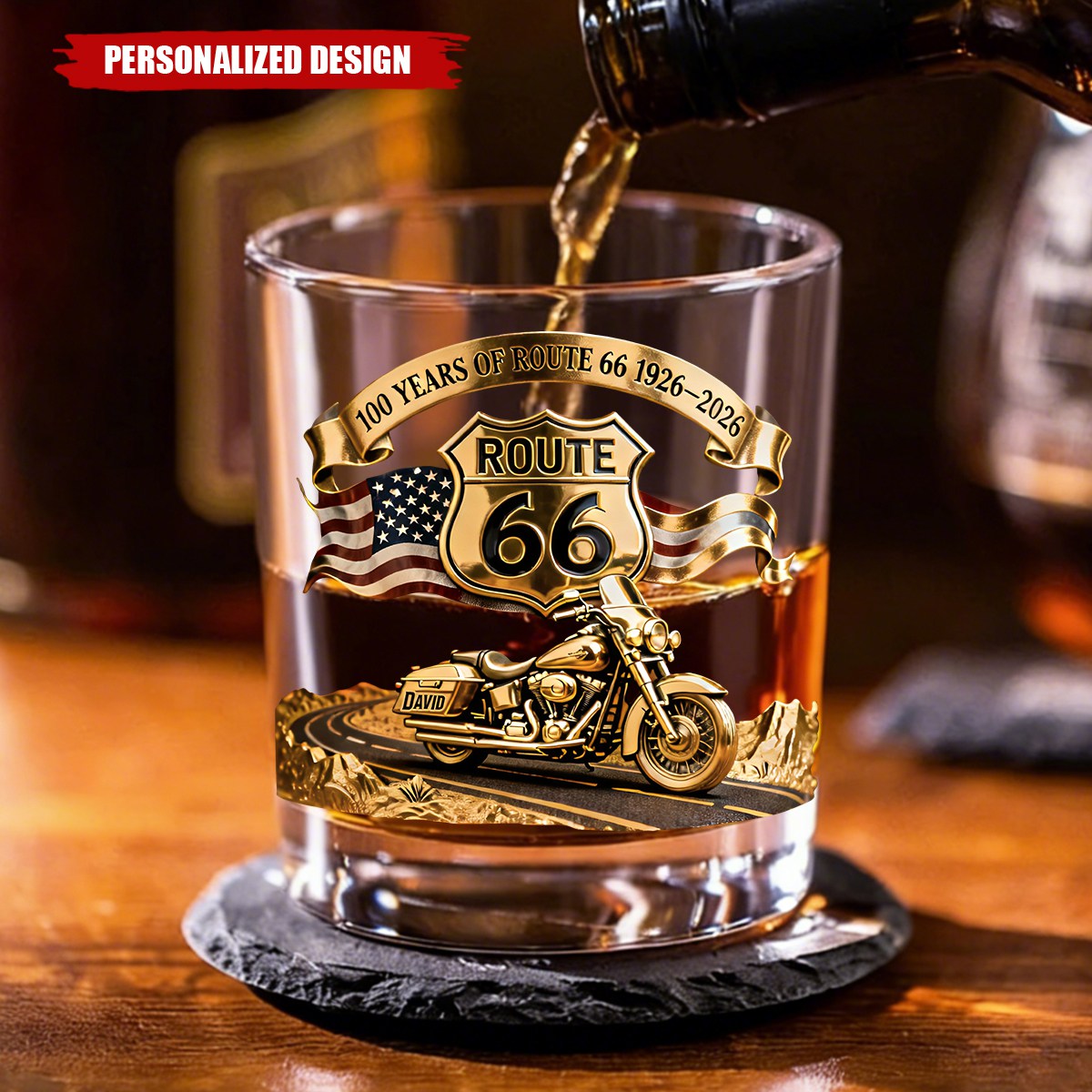 Personalized Route 66 100 Years Whiskey Glass – Gift For Bikers