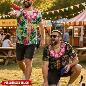 Personalized Optical Illusion Open Hawaiian Floral Shirt & Muscular Abs Men’s T-Shirt