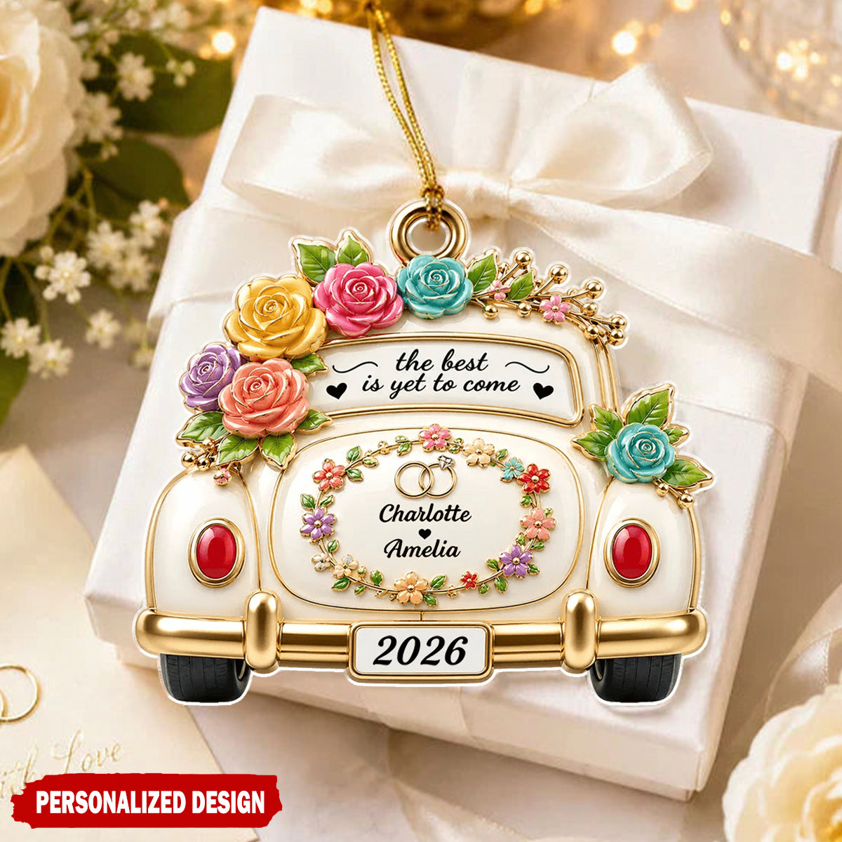 Personalized Multicolor Rose Vintage Wedding Car Flat Acrylic Ornament