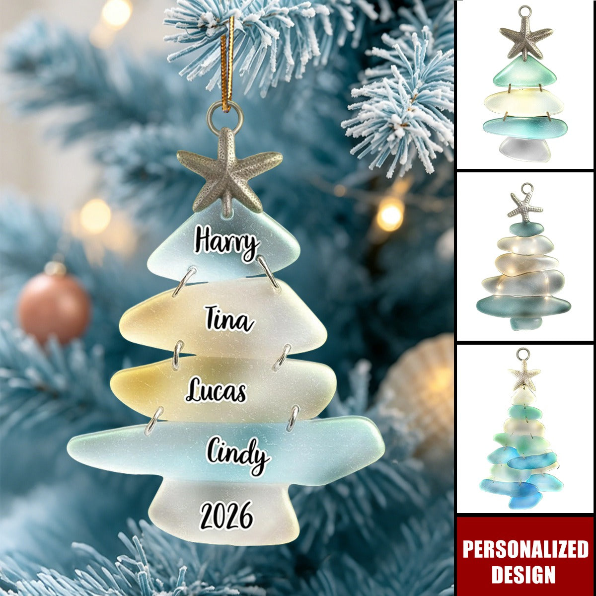 Personalized Sea Glass Tree Ornament Christmas Gift - Custom Names & Year