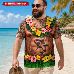 Personalized Optical Illusion Hawaiian Luau Shark Tribal Tattoo Torso Men’s Novelty T-Shirt