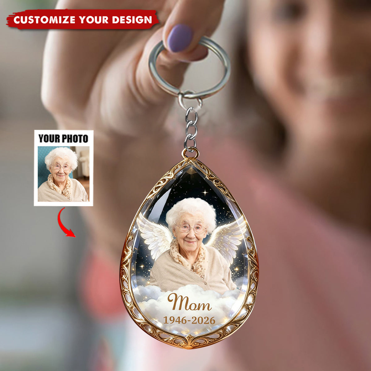 In Loving Memory-Personalized Photo Angel Wings Keychain