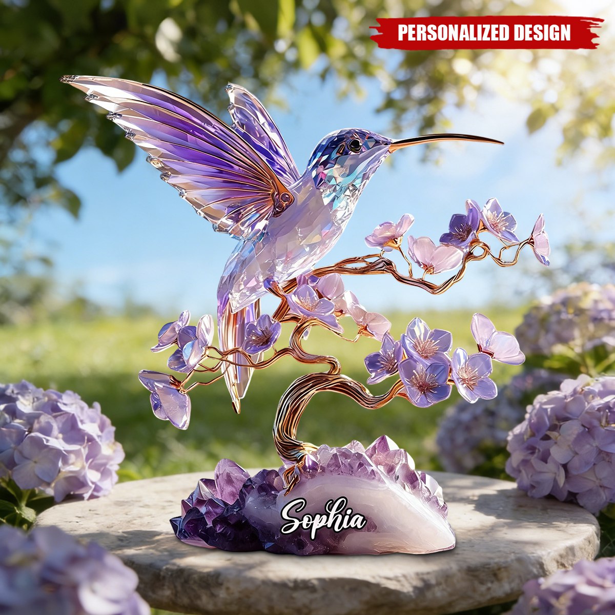 Personalized Amethyst Styled Hummingbird Plaque - Nature Inspired Keepsake Gift