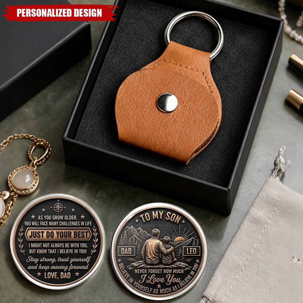 Personalized To My Son Custom Coin With Leather Keychain- Gift From Dad