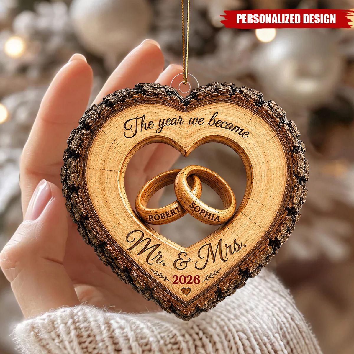 Personalized Heart Wood Slice Flat Acrylic Ornament - Wedding Year Milestone Keepsake