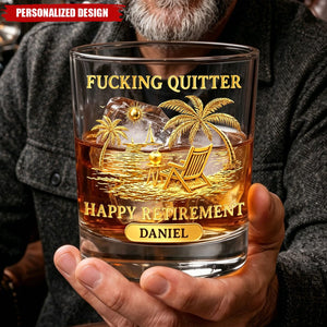 Personalized Name "Happy Retirement" Whiskey Glass - Gold Beach Scene