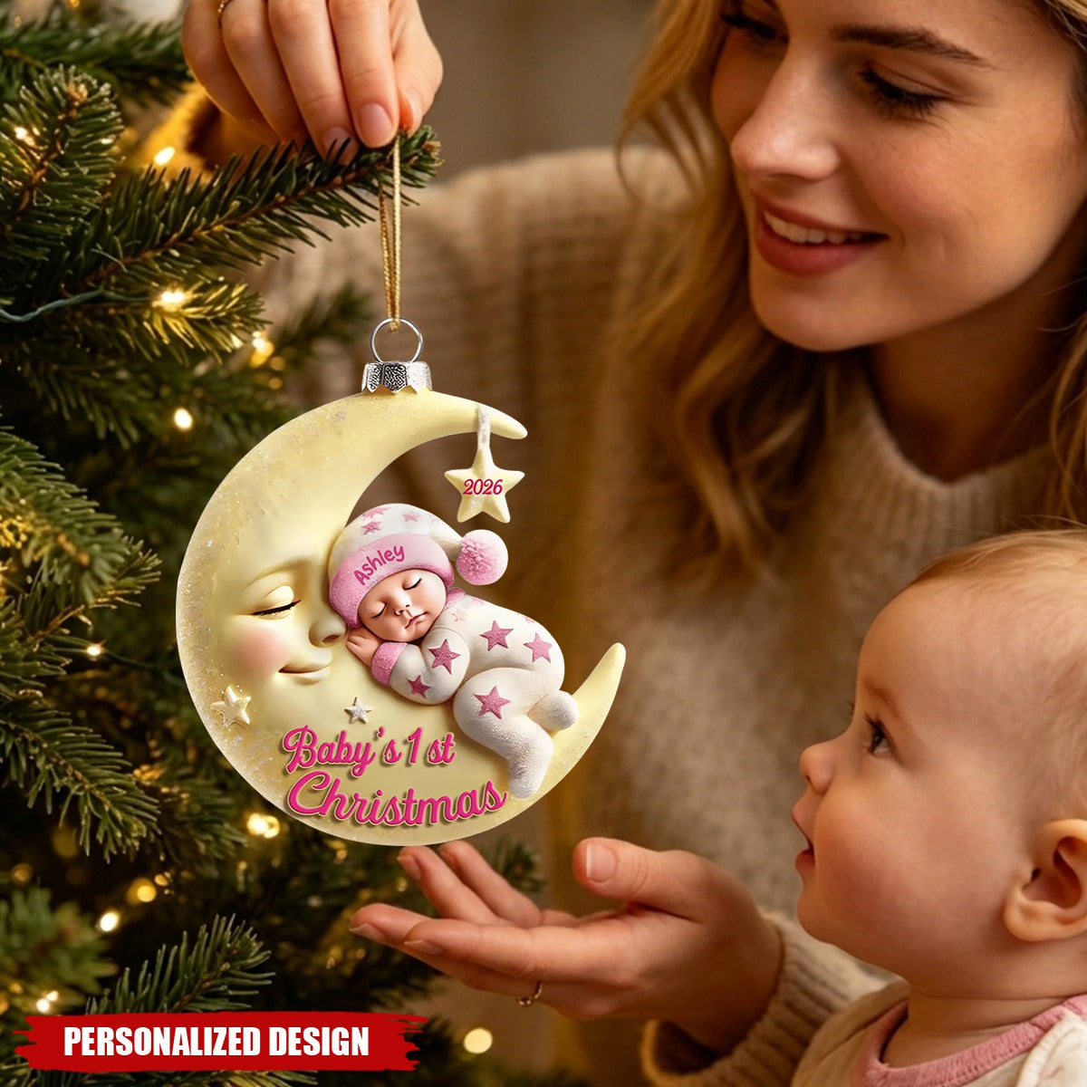 Personalized Baby’s First Christmas Moon Baby Acrylic Ornament - Custom Name