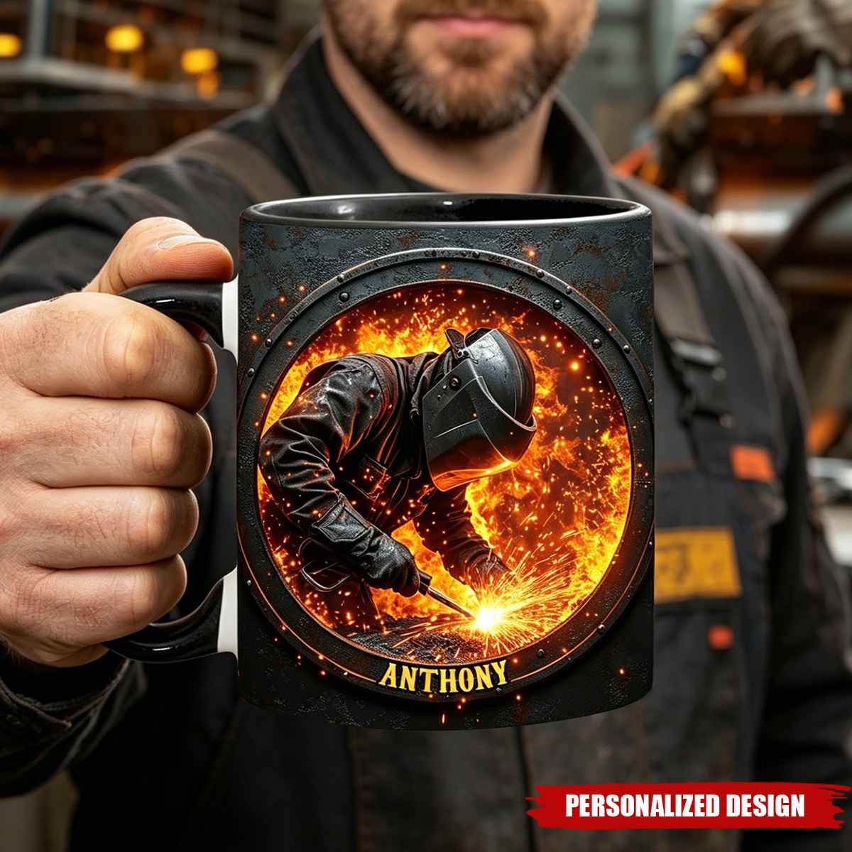 Personalized Welder Coffee Mug - Custom Name Fiery Welding Mug