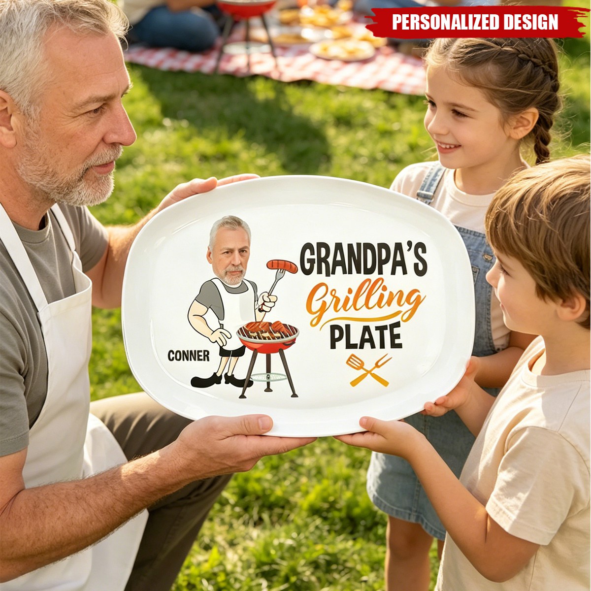 Personalized Grilling Plate, Custom Photo Cartoon BBQ Serving Platter -Gift for father，grandpa