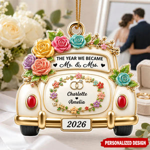 Personalized Multicolor Rose Vintage Wedding Car Flat Acrylic Ornament