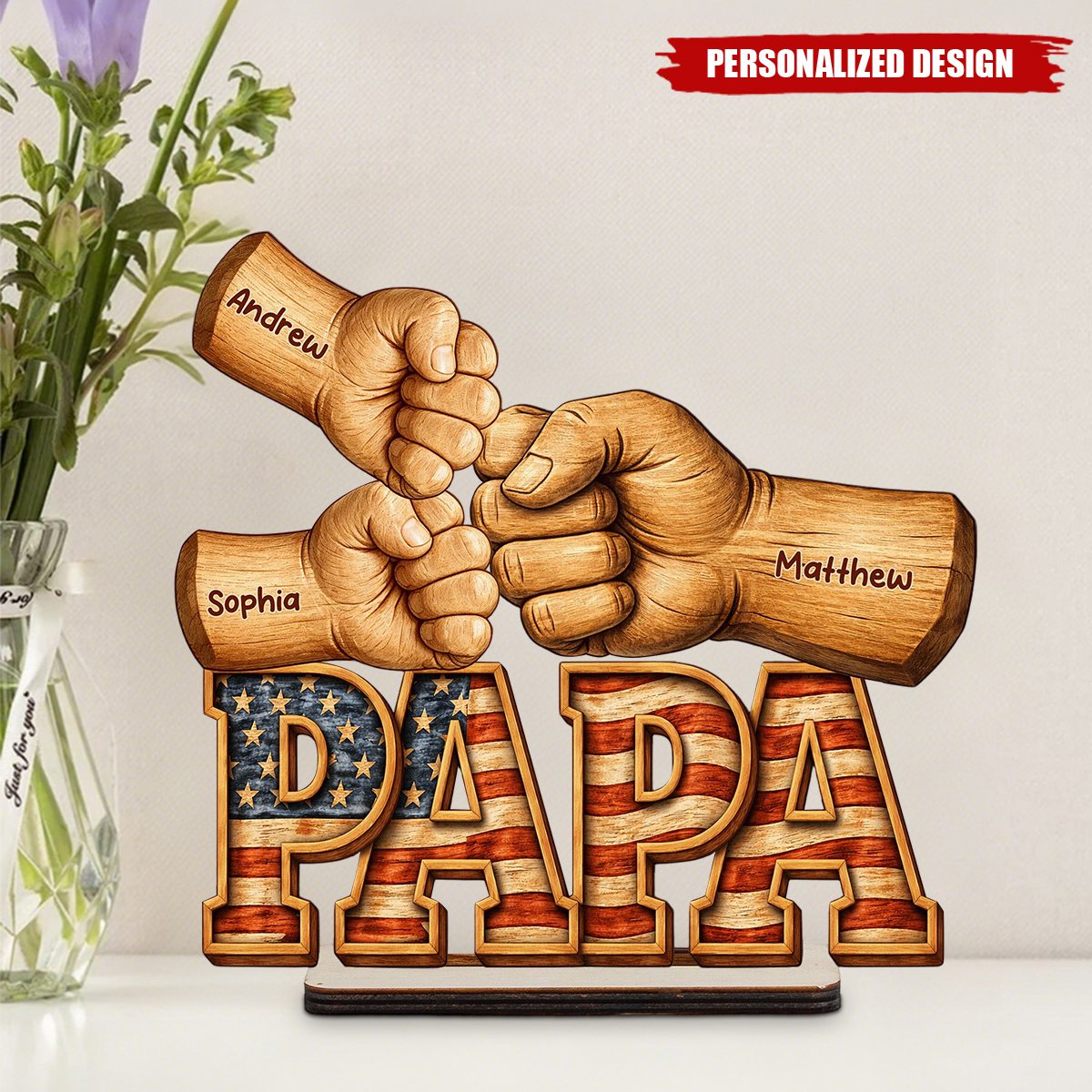 Personalized Patriotic Dad Wooden Plaque - Custom Kid Names Fist Bump Decor