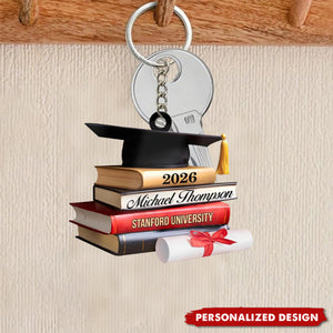 Personalized Cap With Book Graduation Keychain - Custom Name & University Keepsake