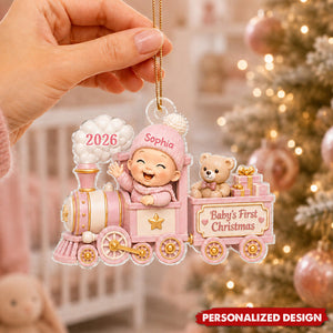 Personalized Baby’s First Christmas Train Acrylic Ornament - Custom Baby Name & Year