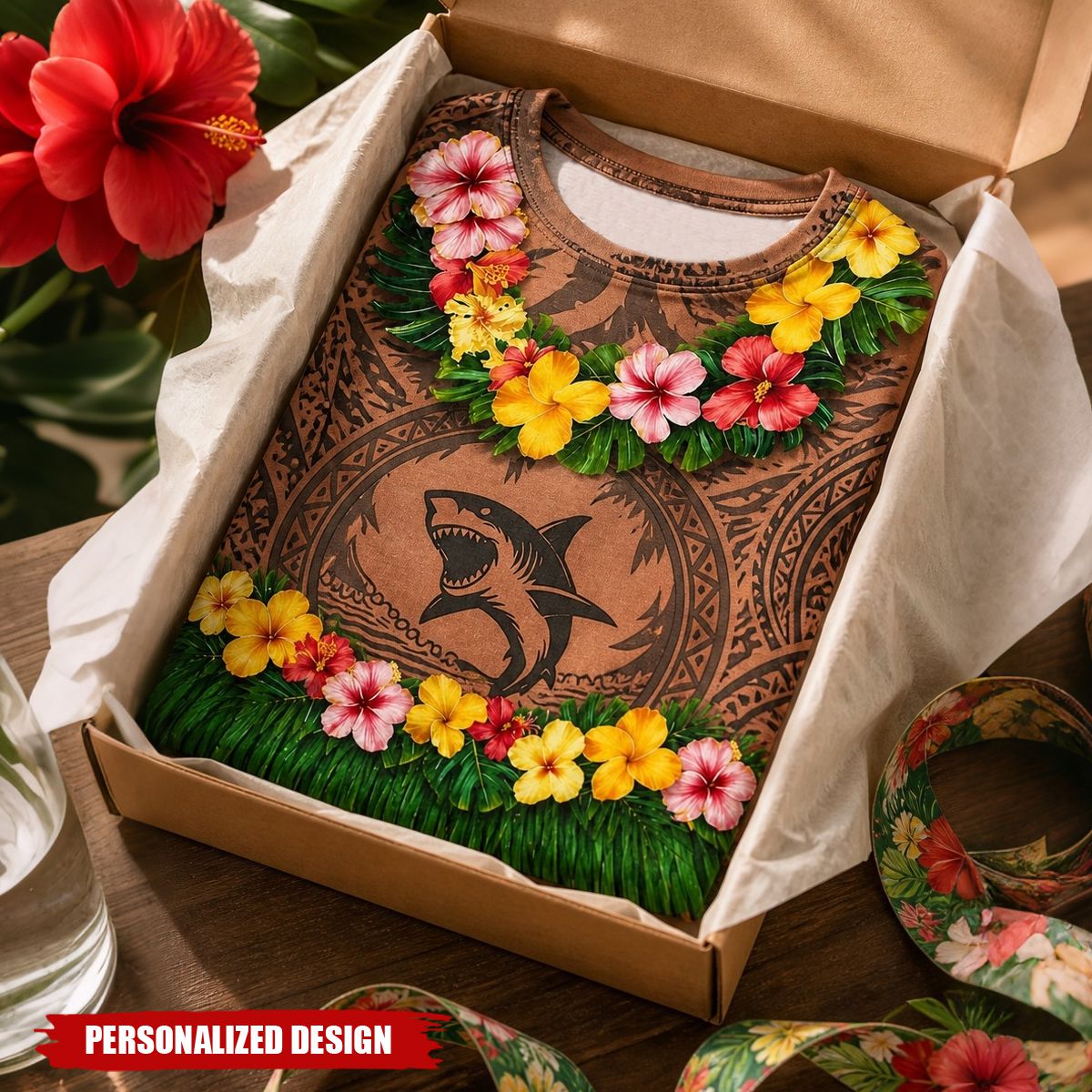 Personalized Optical Illusion Hawaiian Luau Shark Tribal Tattoo Torso Men’s Novelty T-Shirt
