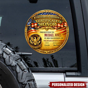 Personalized Patriotic Certificate of Honor Decal Sticker – 250 Years of Freedom Custom Name Car Decal