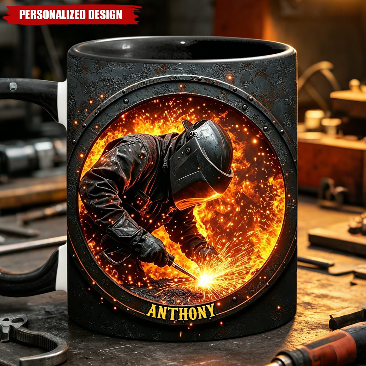 Personalized Welder Coffee Mug - Custom Name Fiery Welding Mug