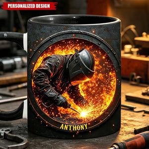 Personalized Welder Coffee Mug - Custom Name Fiery Welding Mug