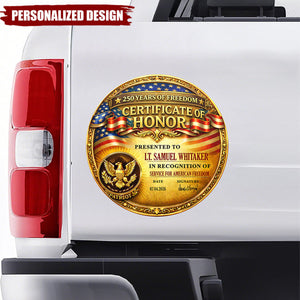 Personalized Patriotic Certificate of Honor Decal Sticker – 250 Years of Freedom Custom Name Car Decal
