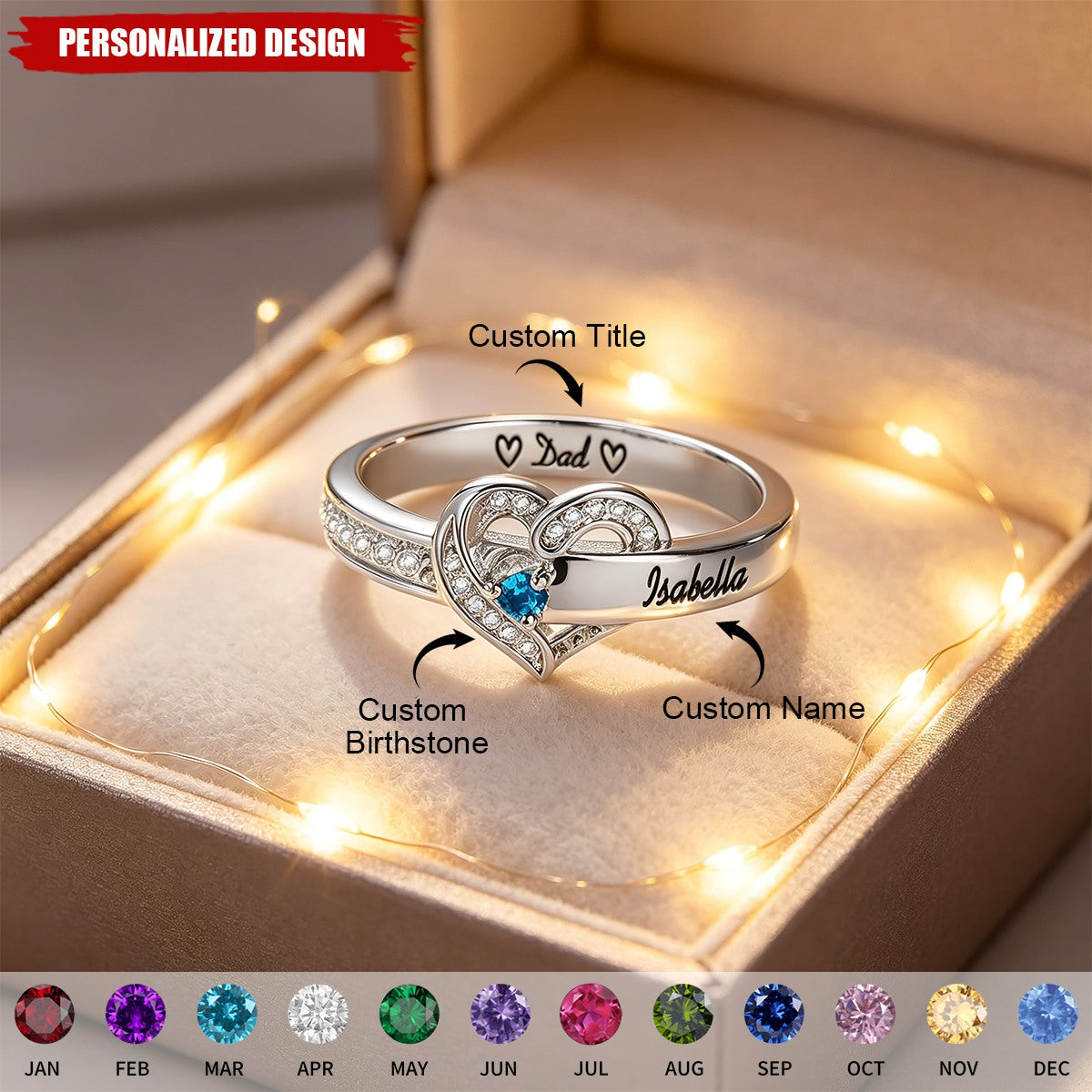 Personalized Heart Birthstone Ring – Gift for Mom, Grandma