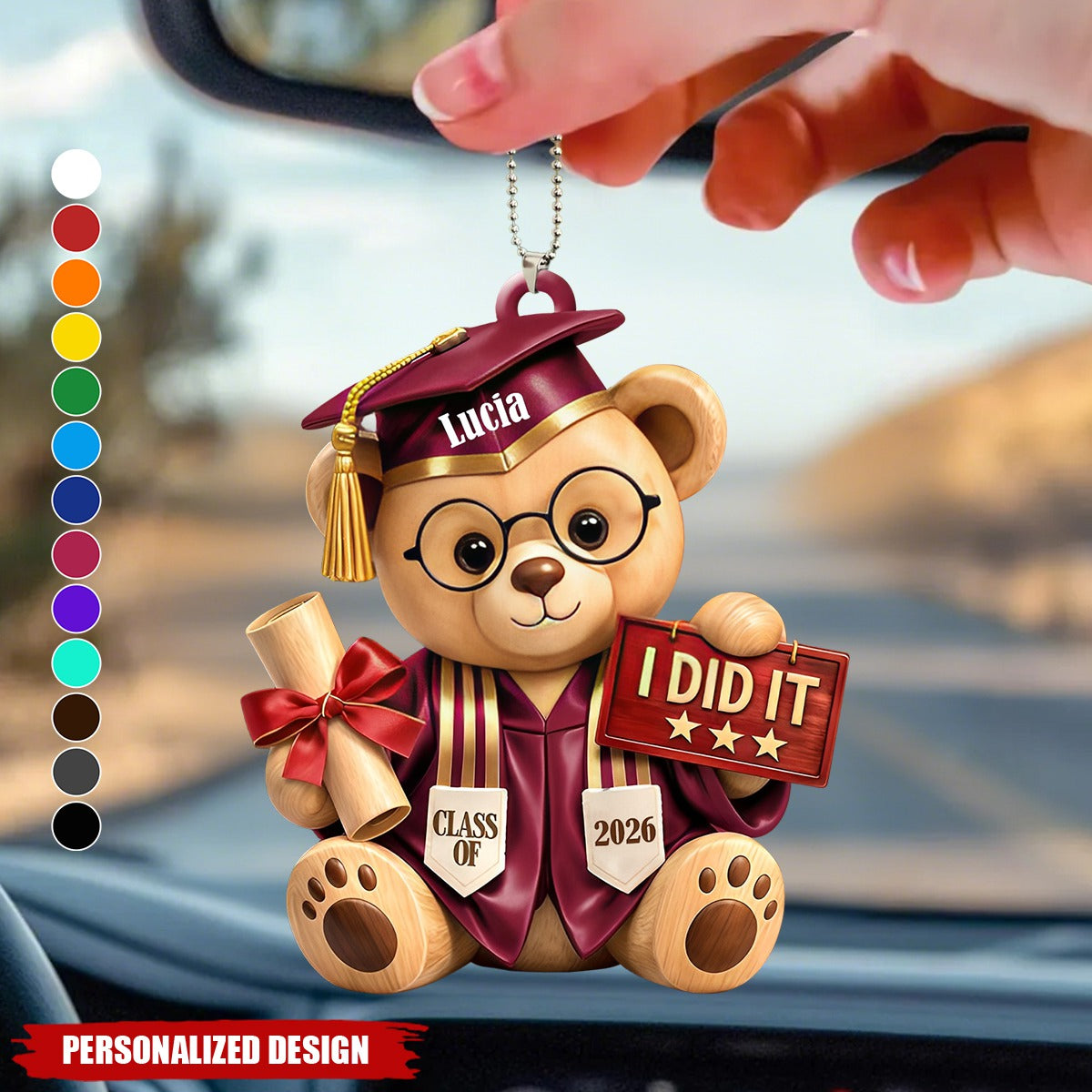 Personalized Graduation Bear Car Hanging Ornament – Custom Name "I Did It" Graduation Gift