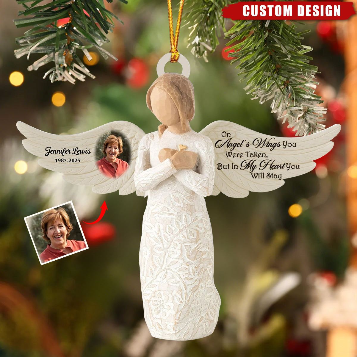 Custom Angel Memorial Ornament – “On Angel’s Wings” Personalized Photo Tribute