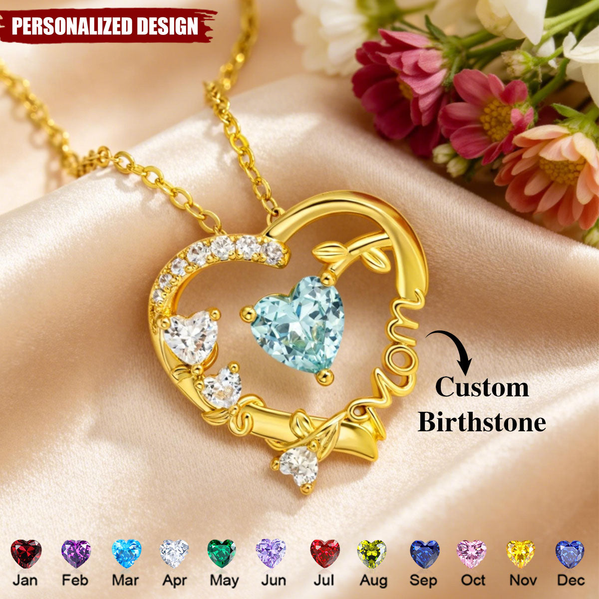 Personalized Heart Birthstone Necklace - Mother‘s Day Gift For Mom, Grandma