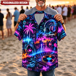 Personalized Neon DJ Turntable Tropical Hawaiian Shirt - Custom DJ Name