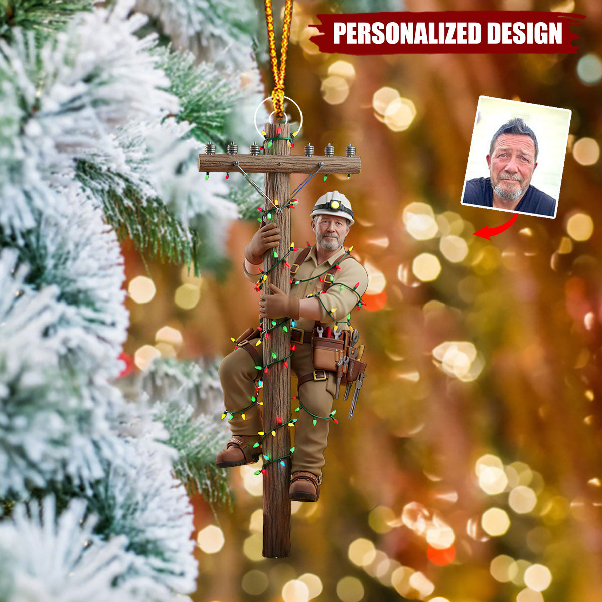 Electric Lineman Ornament with Custom Face – Unique Christmas Gift for Utility Workers