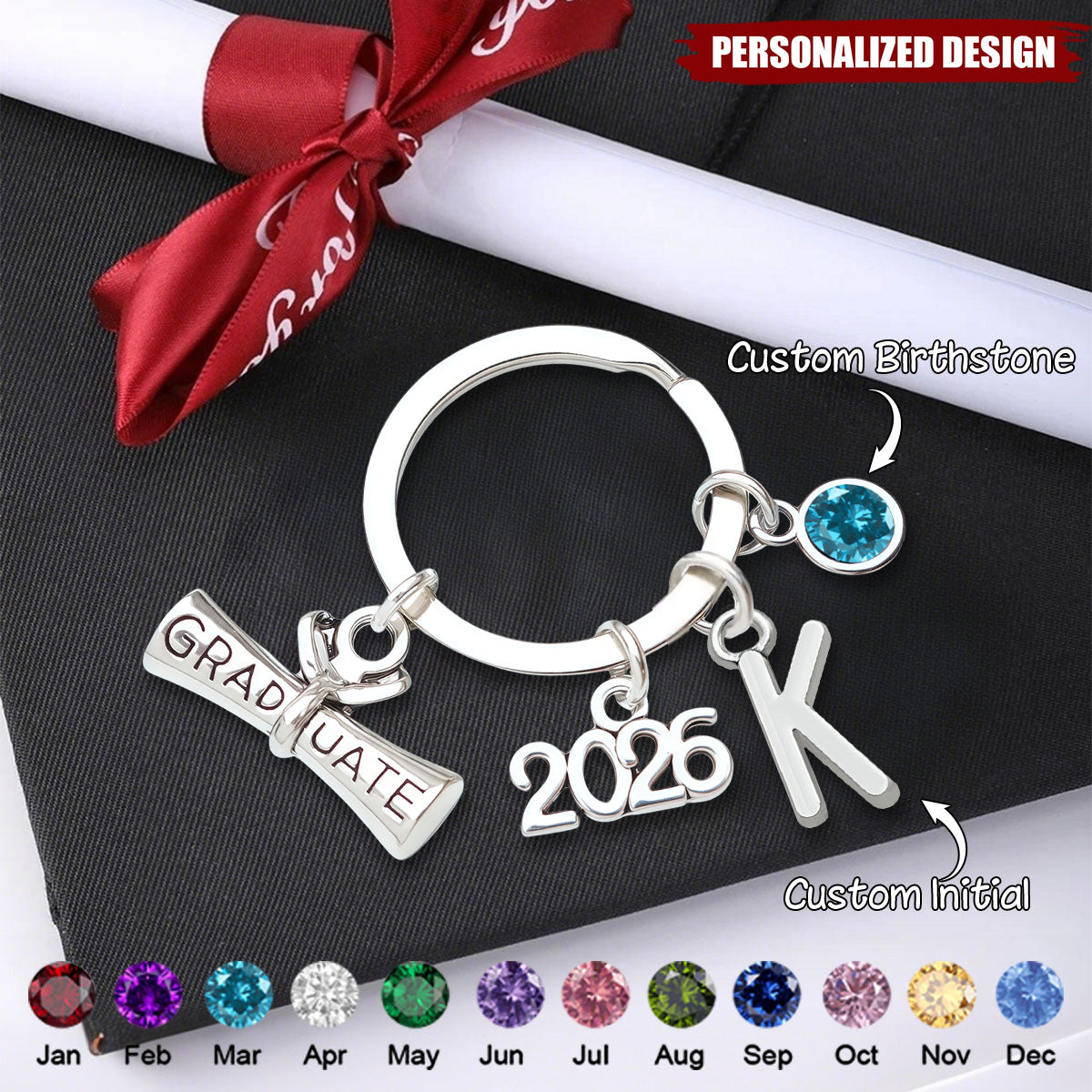 Personalized 2026 Graduation Keychain - Custom Initial & Birthstone Graduate Gift