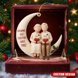 Personalized “Growing Old Together” Elderly Couple Moon Ornament – Custom Names & Anniversary Year