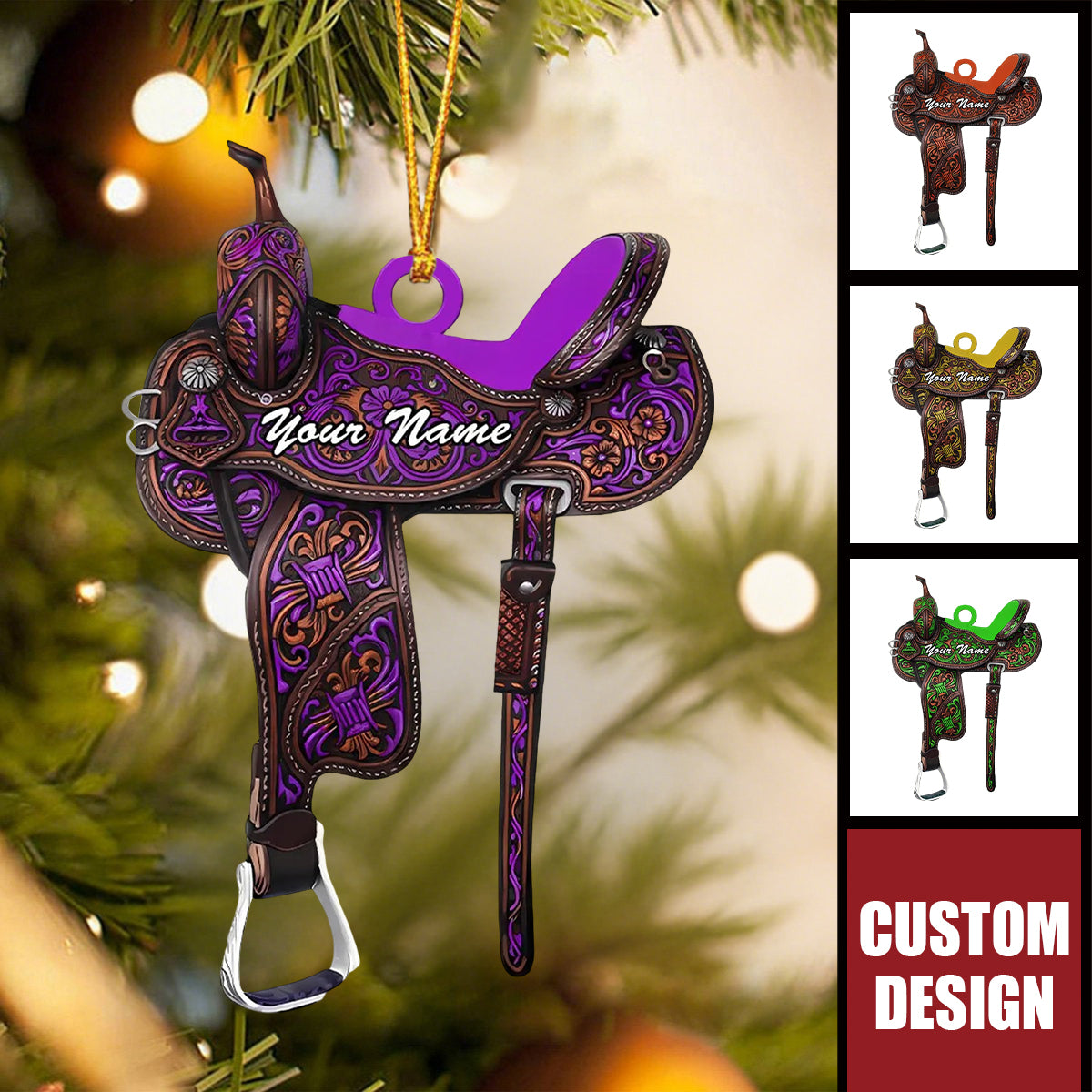 Custom Western Saddle Ornament – Personalized Name Christmas Horse Lover Gift