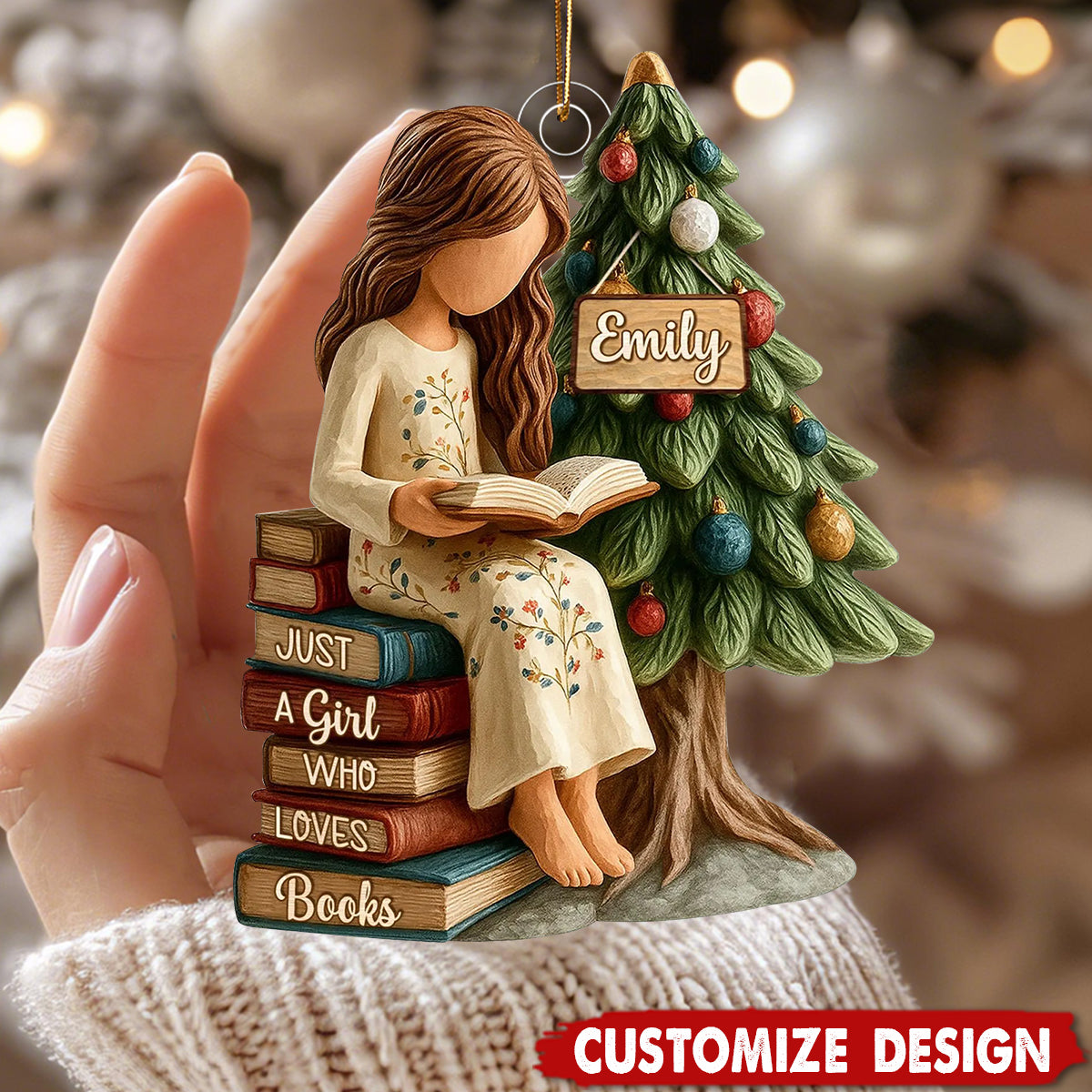 Personalized Girl Reading Ornament – Custom Name Christmas Tree Decoration for Book Lovers