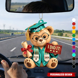 Personalized Graduation Bear Car Hanging Ornament – Custom Name "I Did It" Graduation Gift