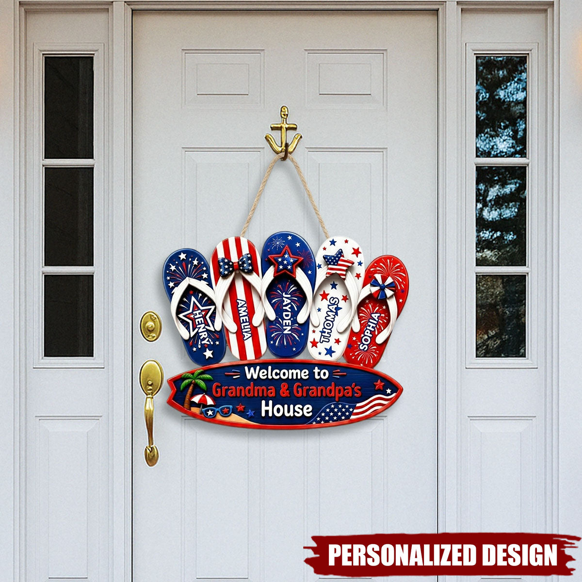 Personalized Patriotic Flip Flop USA Flag Welcome Door Sign