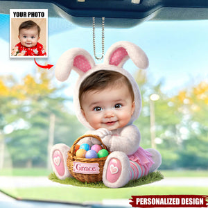 Personalized Easter Bunny Baby Car Ornament - Custom Photo & Name Easter Keepsake Hanger