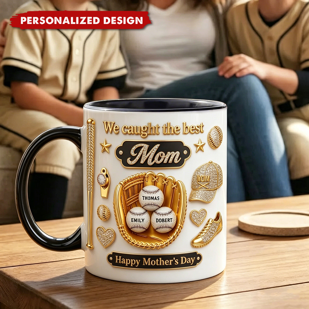 Personalized Baseball We Caught The Best Mom Mug - Custom Kids Names Mother's Day Gift