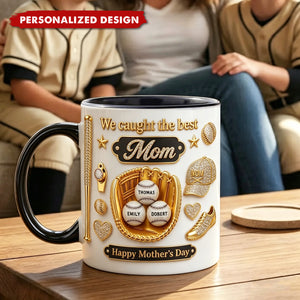 Personalized Baseball We Caught The Best Mom Mug - Custom Kids Names Mother's Day Gift