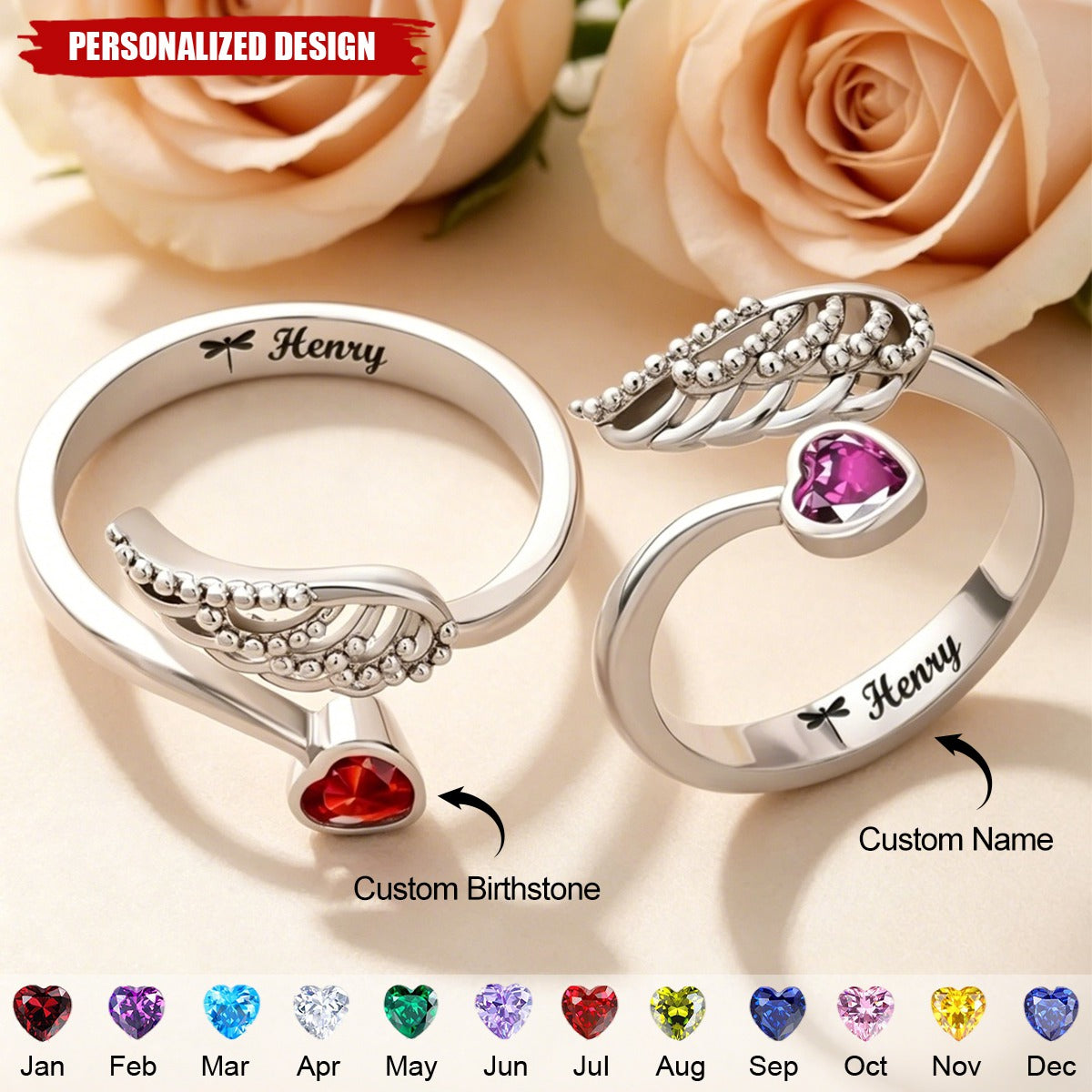 Personalized Wing And Heart Birthstone Ring - Remembering Loved One & Pet